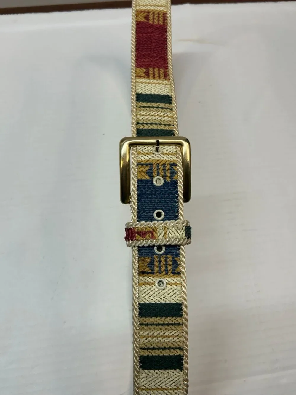 Vintage Woven Aztec Tapestry Belt Size 3X Southwestern Boho Bonded Leather Brass